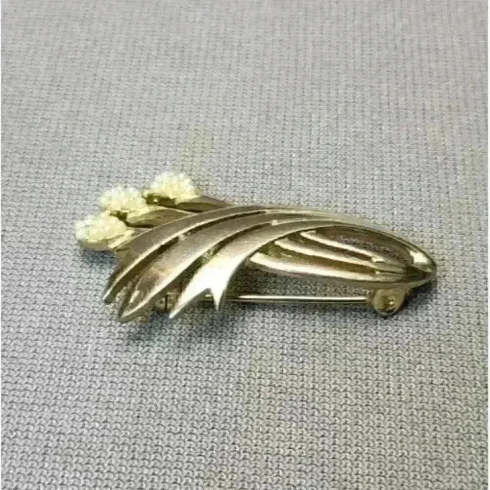 Vintage Brooch Floral / Ribbon / Wheat Faux Pearls Pin Gold-tone Costume Jewelry - Picture 5 of 5